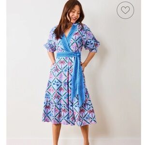 Printfresh Gabriela Maxi Wrap Dress Palm Tree Paradise Blue Cotton Poplin